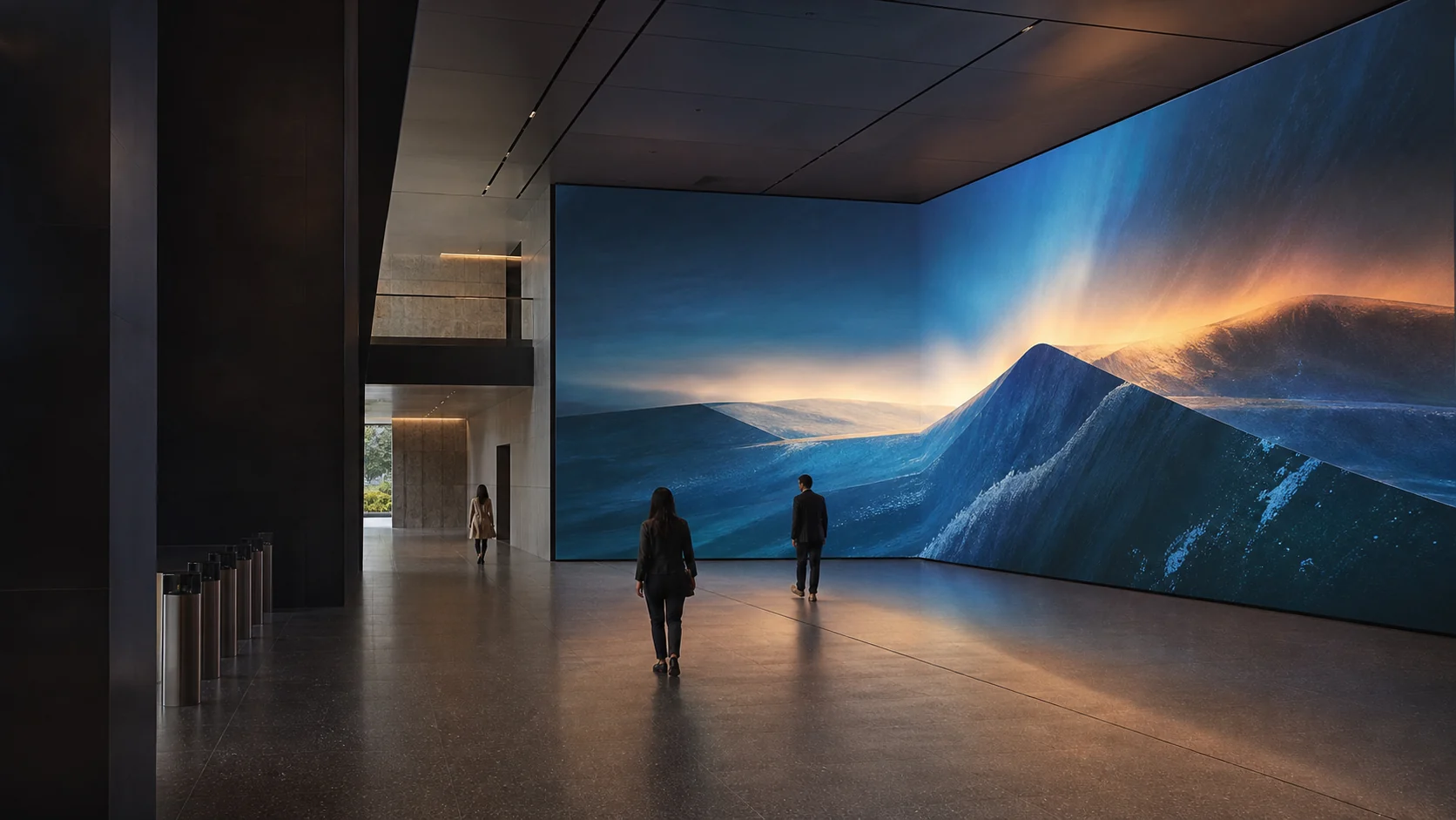 Concept visualisation of a large LED wall wrapping around an architectural corner