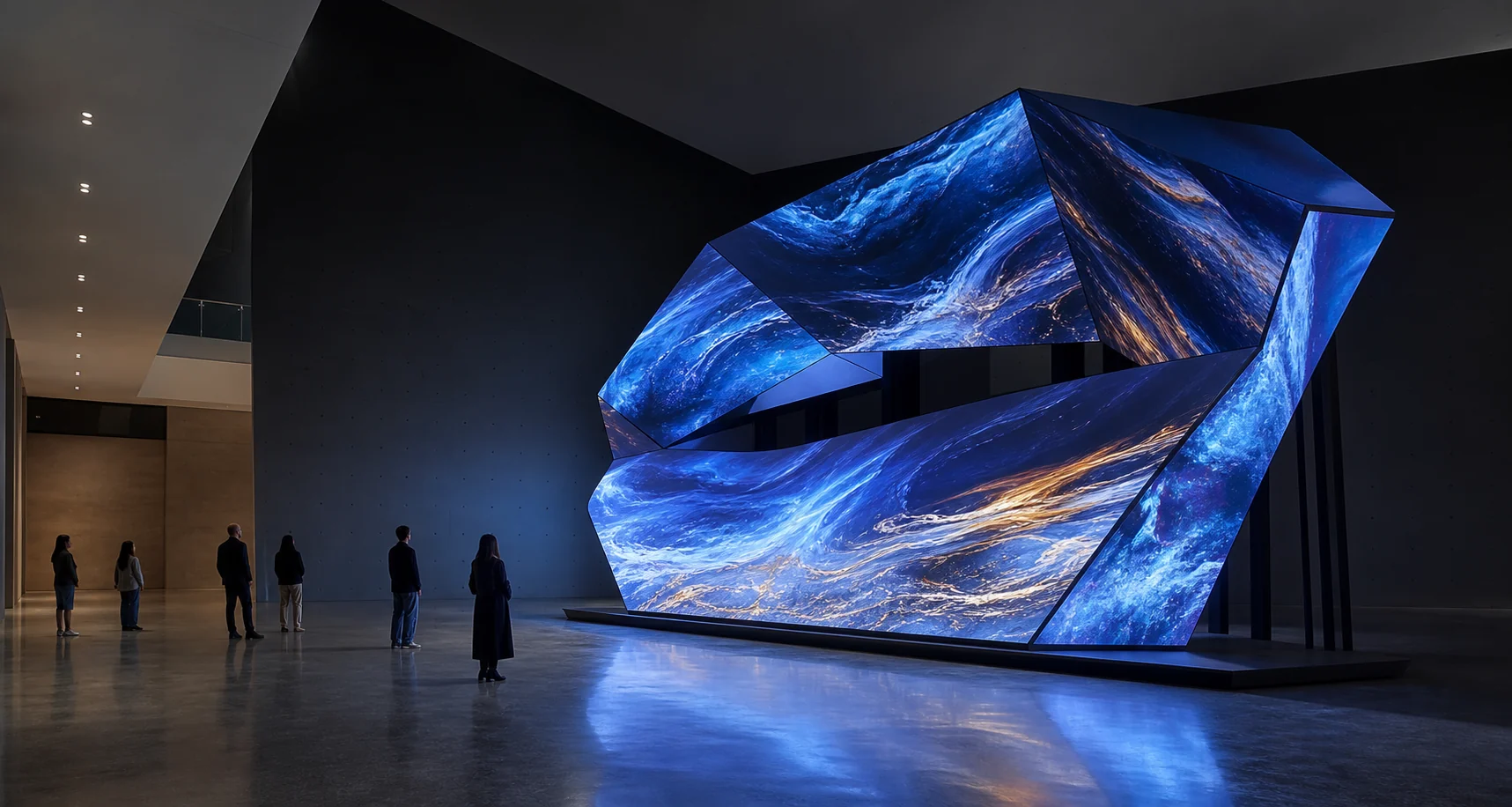 Concept visualisation of an unusual faceted LED sculpture in a museum atrium