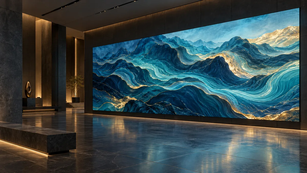 Concept visualisation of a flat LED video wall integrated into a contemporary interior