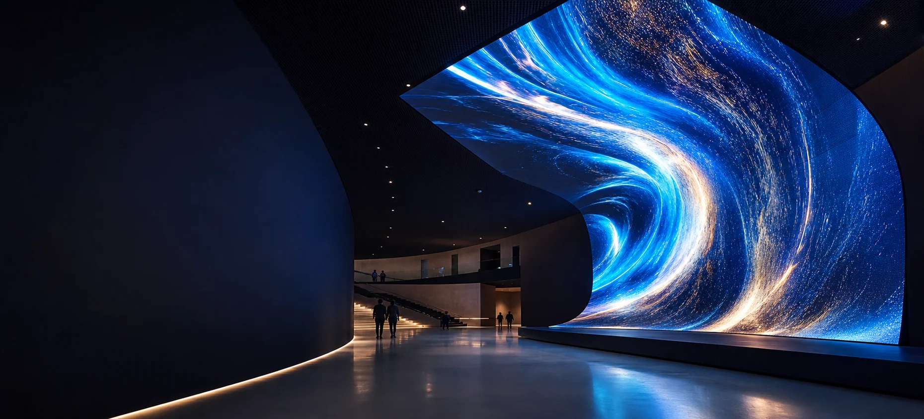 Concept visualisation of a curved architectural LED display flowing from wall to ceiling