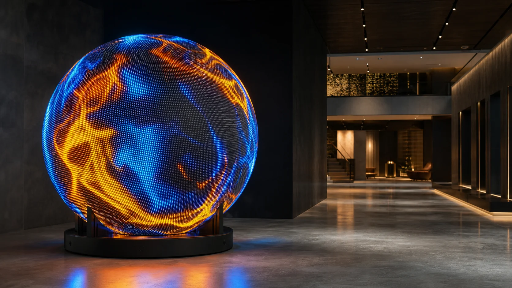 Concept visualisation of a direct-view LED sphere in an architectural environment