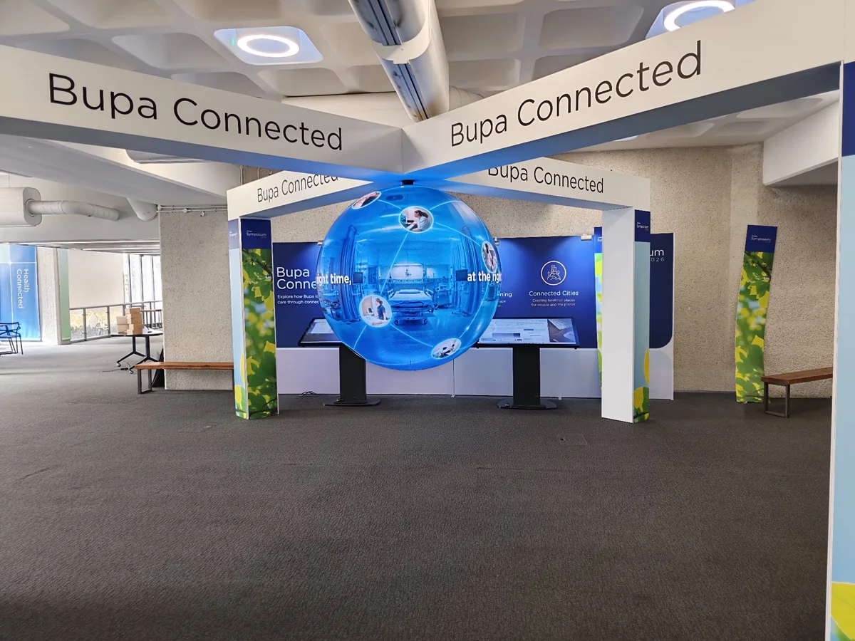 A real suspended LED sphere in the Bupa Connected installation